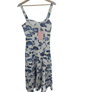 Avec Les Filles White Blue Fish Cotton Blend Coastal Midi Length Size 6